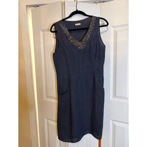 Lina Tomei Italy Navy Linen Beaded Neckline Sleeveless Dress S with Pockets